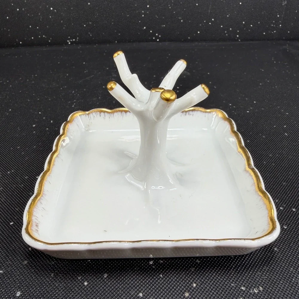 Limoges France Chamart Exclusive Porcelain Ring Holder Tree Gold Gilt White Tray